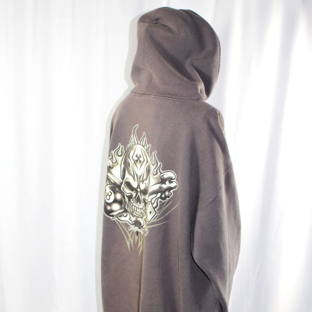 Bullhead Skull Accents Faded Gray Grunge Style Pullover Sweatshirt Hoodie, XL